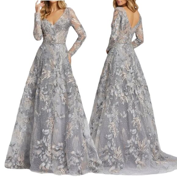 MAC DUGGAL Women’s Long Sleeves Beaded Appliqué Gown in the Size 10 in Grey - Picture 2 of 16